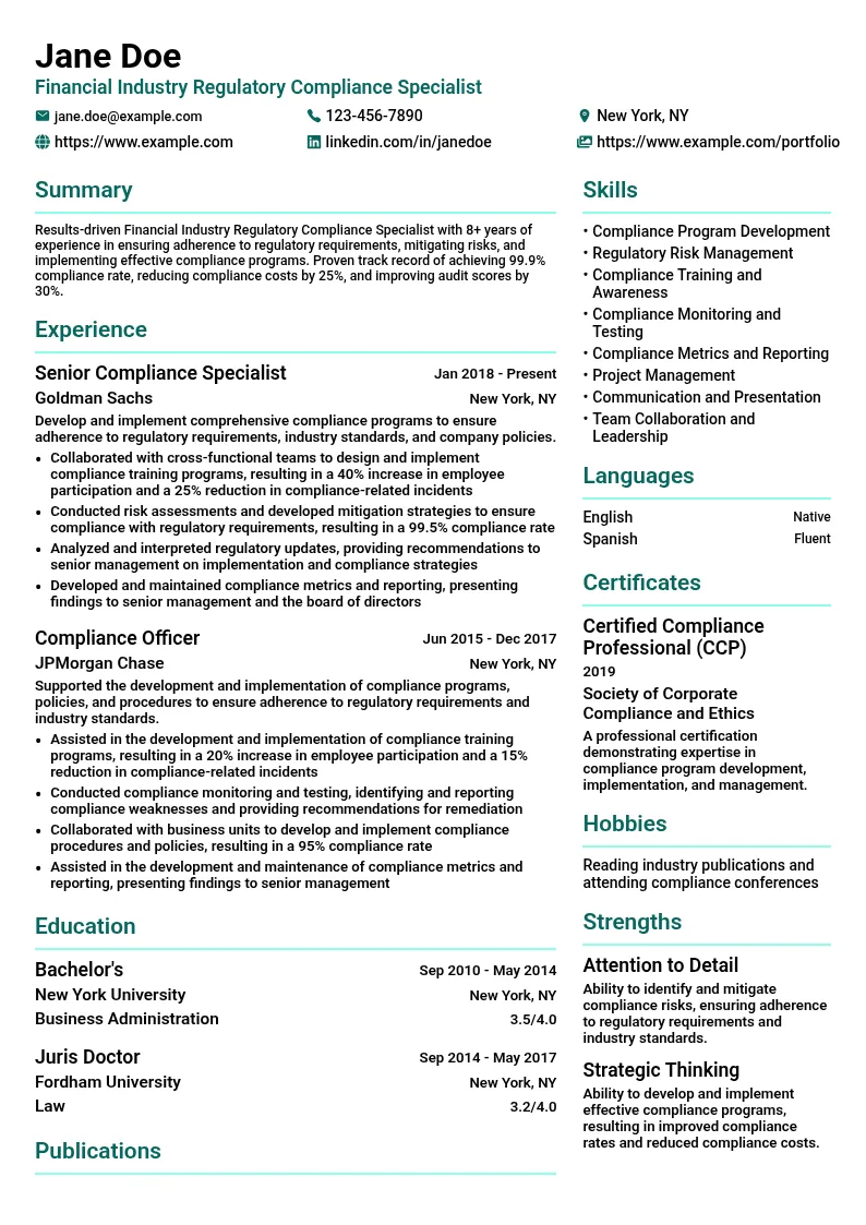Financial Industry Regulatory Compliance Specialist resume example