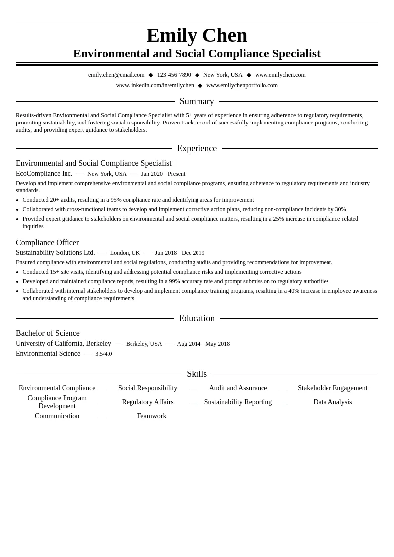 Environmental and Social Compliance Specialist resume example