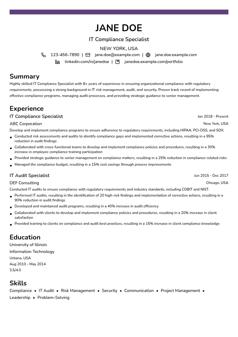 IT Compliance Specialist resume example