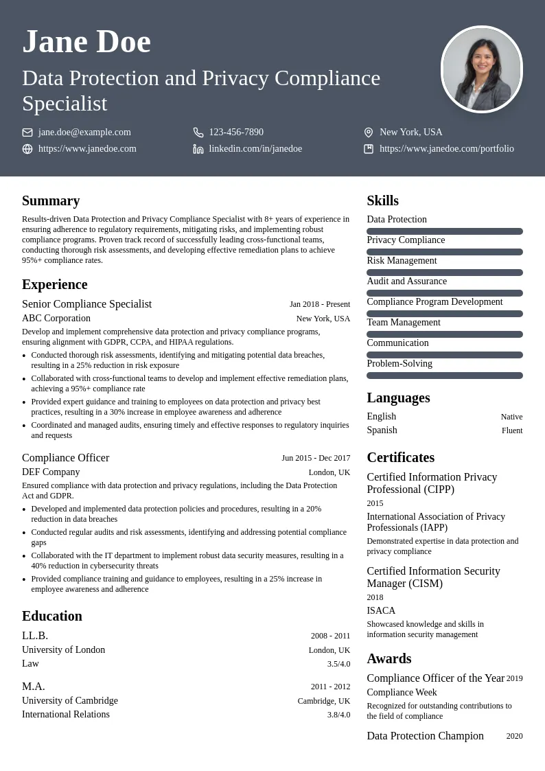 Data Protection and Privacy Compliance Specialist resume example