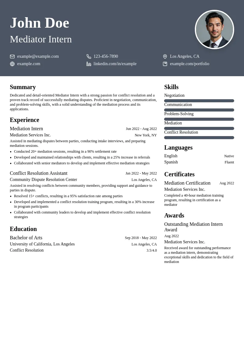 Mediator Intern resume example