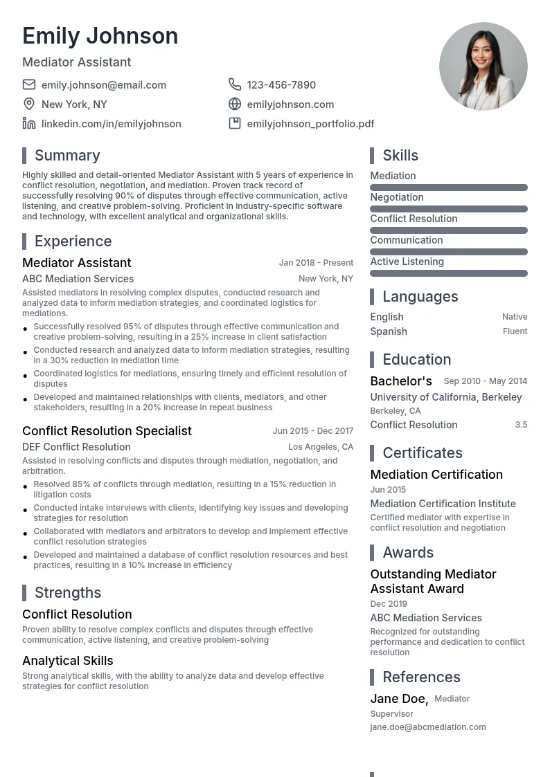 Mediator Assistant resume example