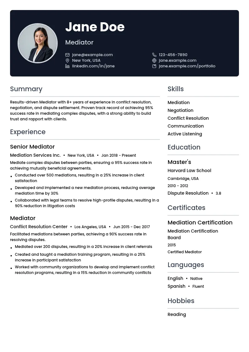 Mediator resume example
