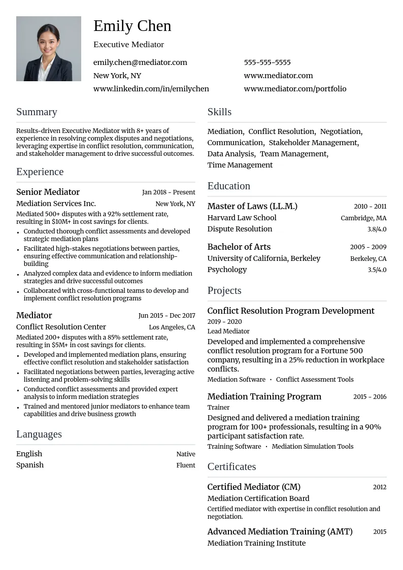 Executive Mediator resume example