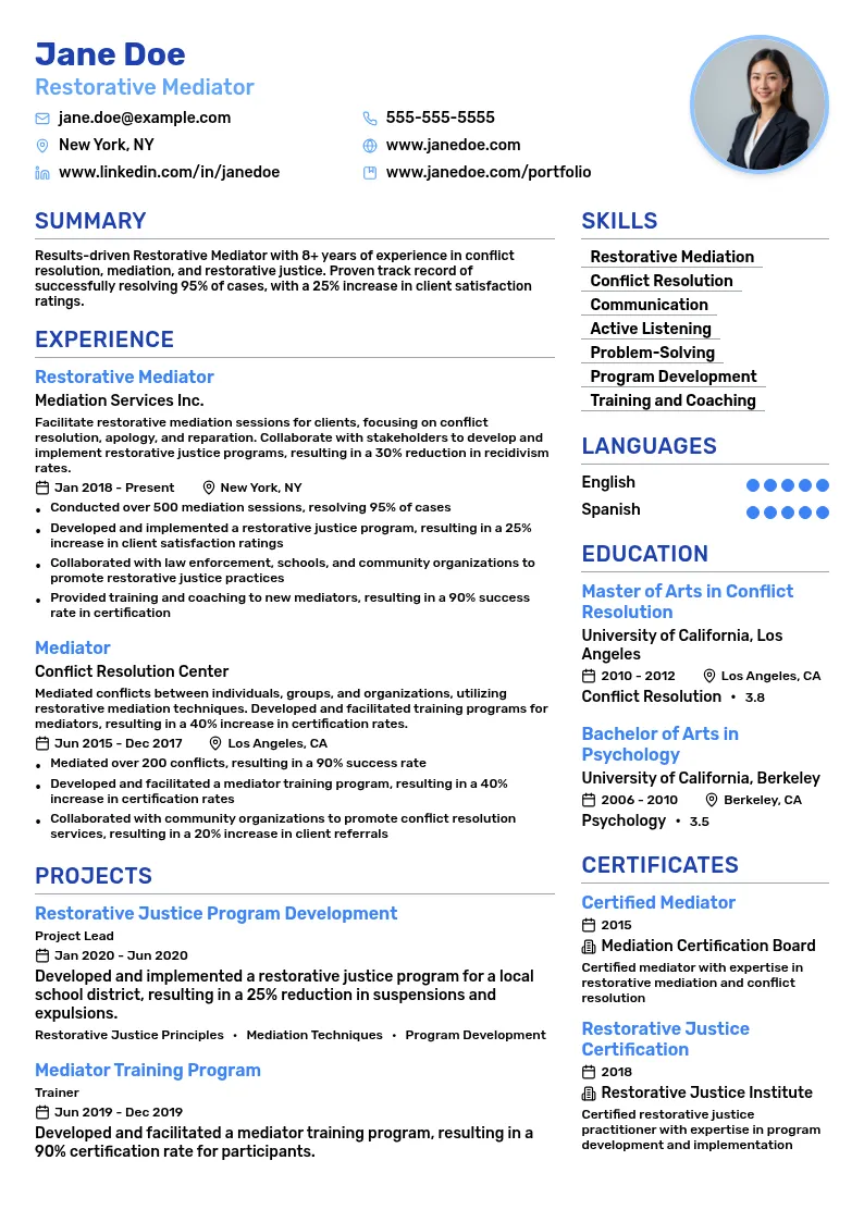 Restorative Mediator resume example