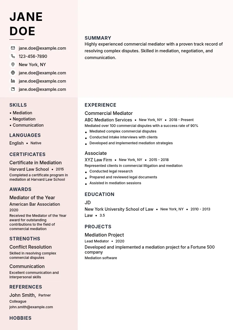 Commercial Mediator resume example
