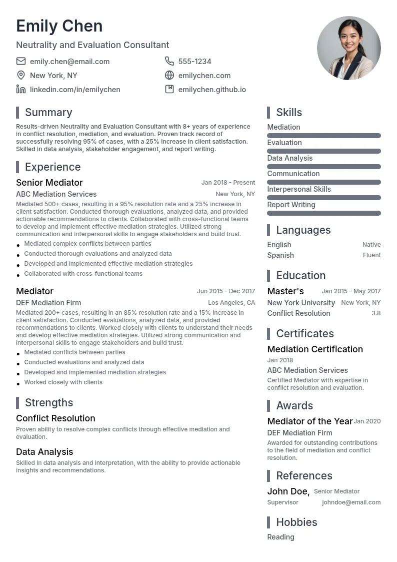 Neutrality and Evaluation Consultant resume example