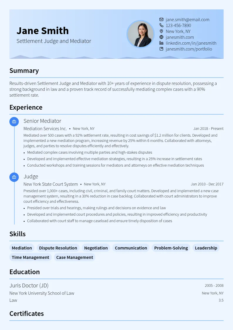 Settlement Judge and Mediator resume example