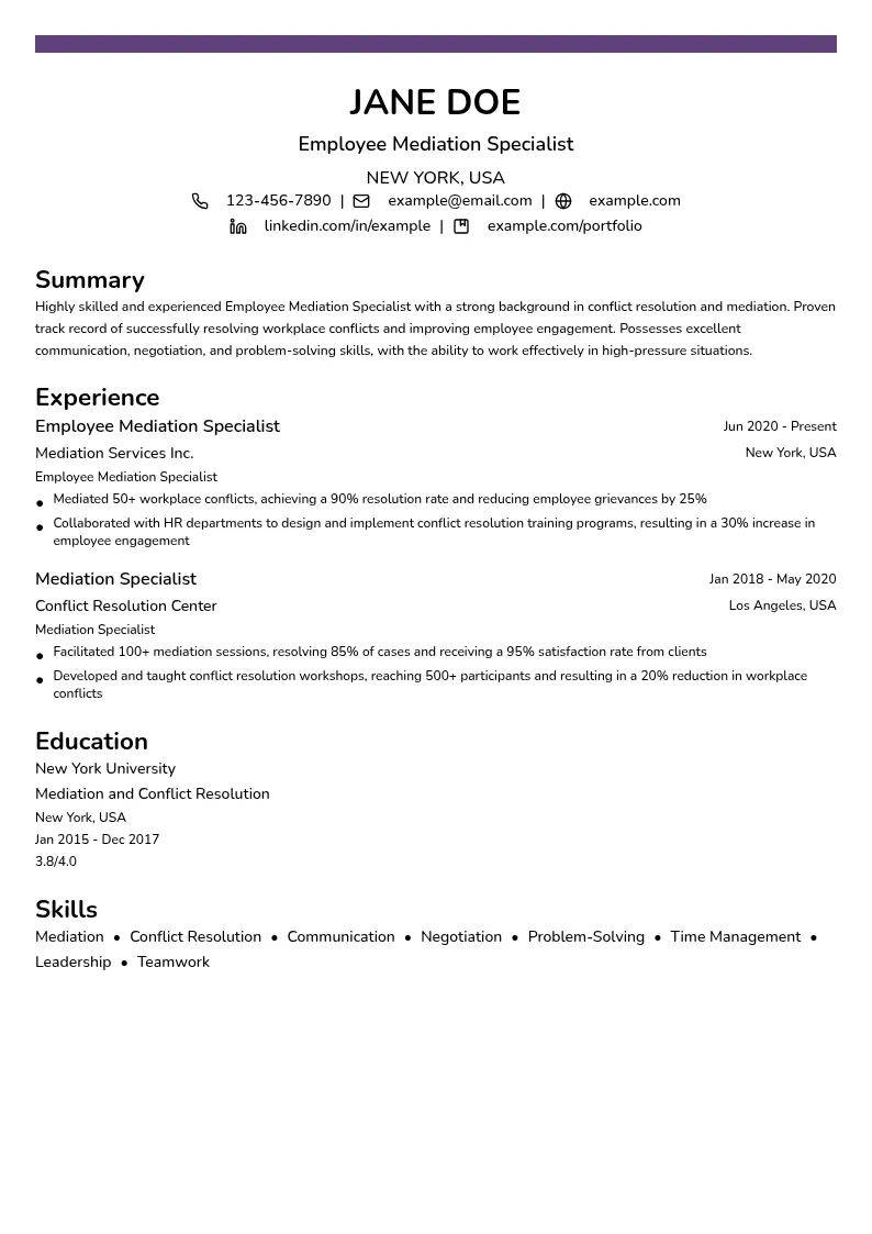 Employee Mediation Specialist resume example