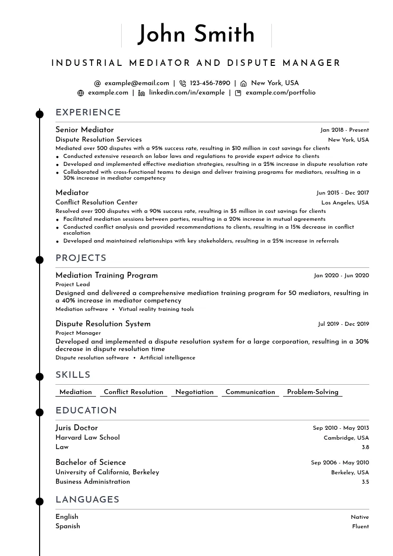 Industrial Mediator and Dispute Manager resume example