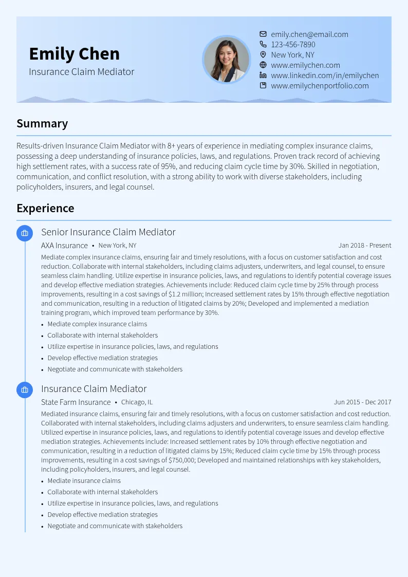Insurance Claim Mediator resume example