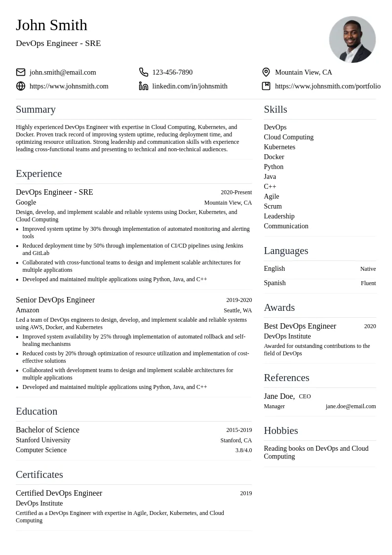 DevOps Engineer - SRE resume example