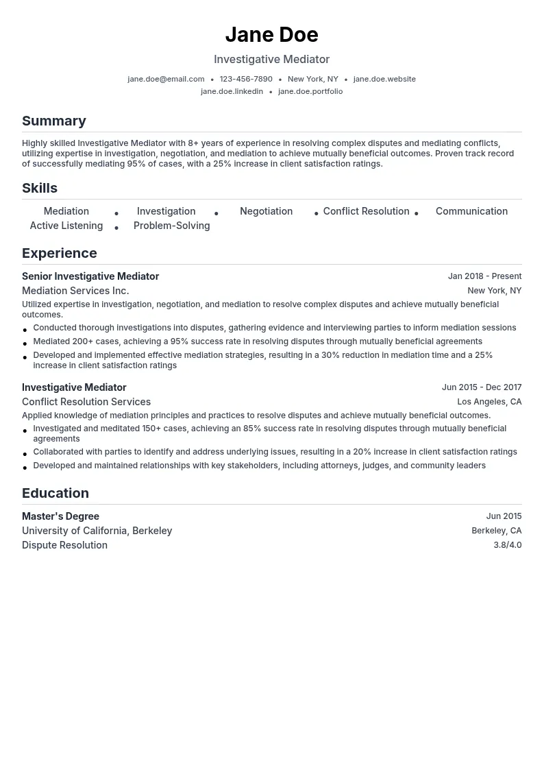 Investigative Mediator resume example
