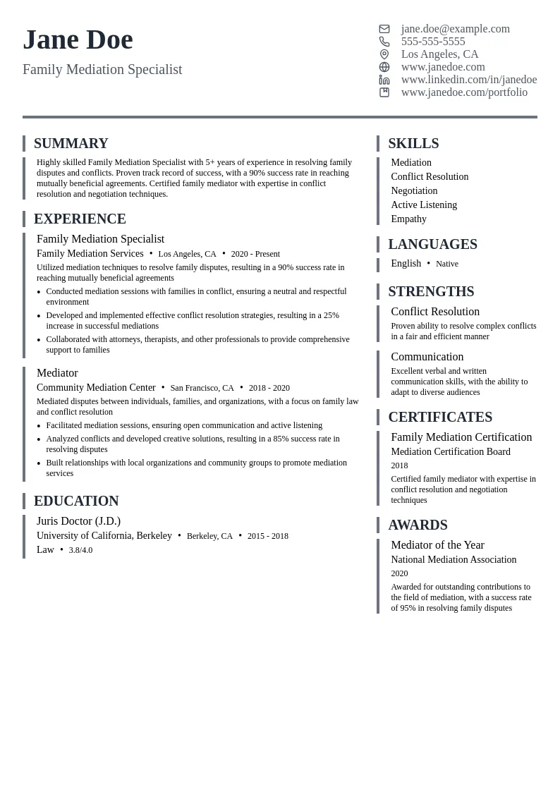 Family Mediation Specialist resume example