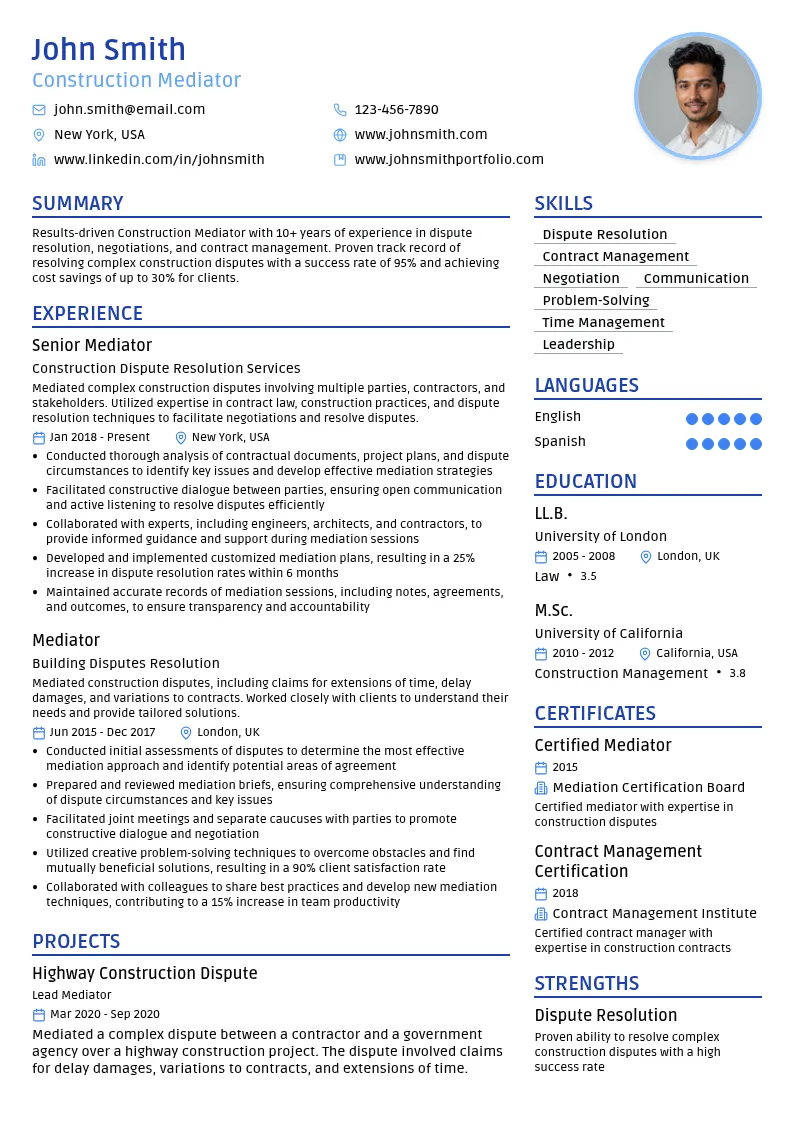Construction Mediator resume example
