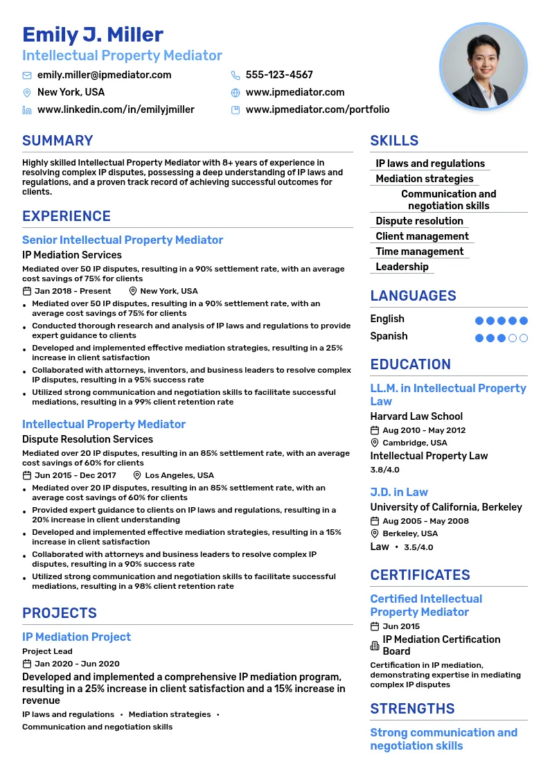 Intellectual Property Mediator resume example