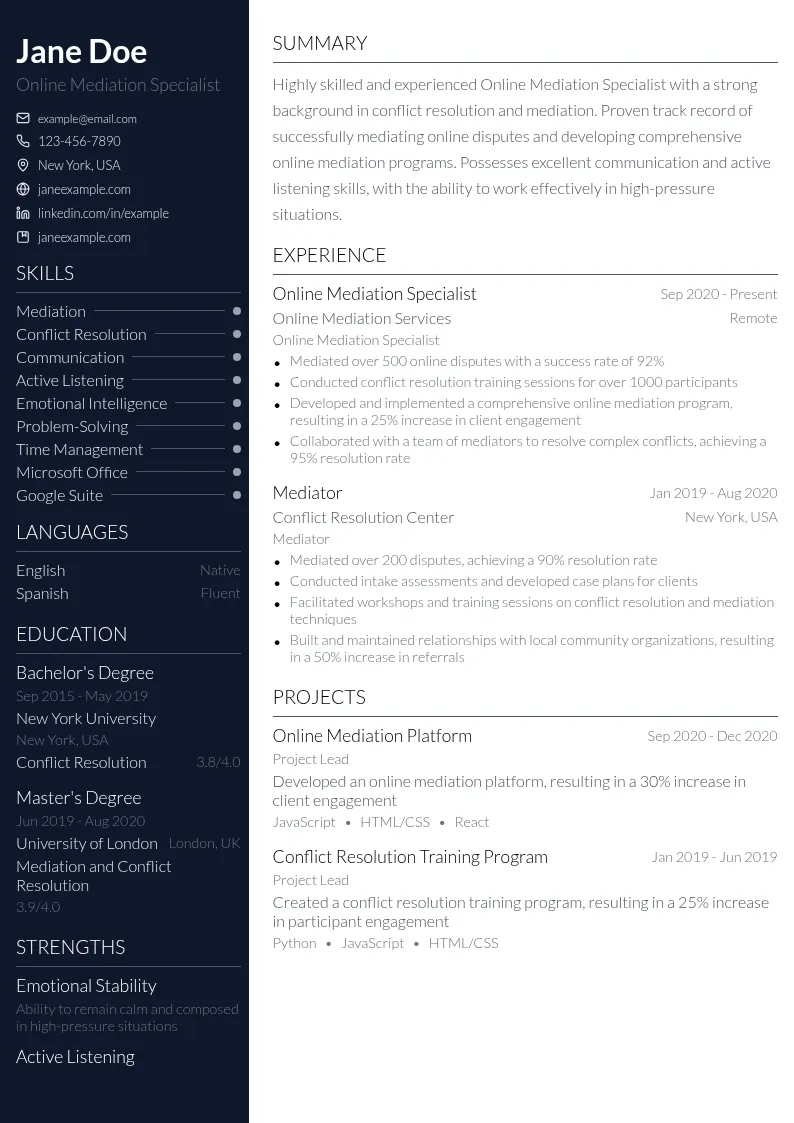 Online Mediation Specialist resume example