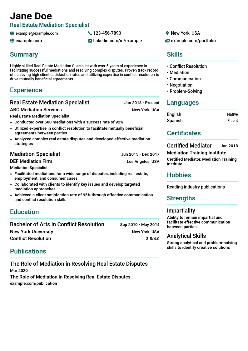 Real Estate Mediation Specialist resume example