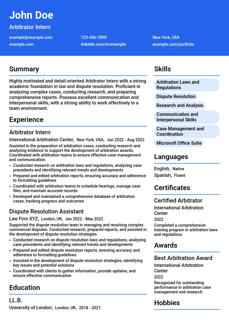 Arbitrator Intern resume example