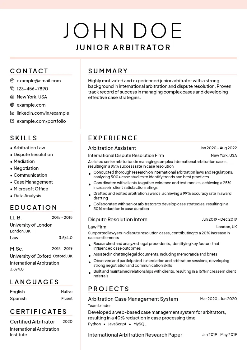 Junior Arbitrator resume example