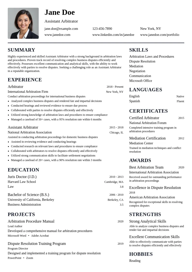 Assistant Arbitrator resume example