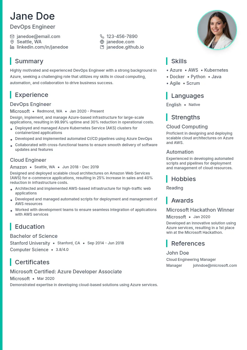 DevOps Engineer - Azure resume example