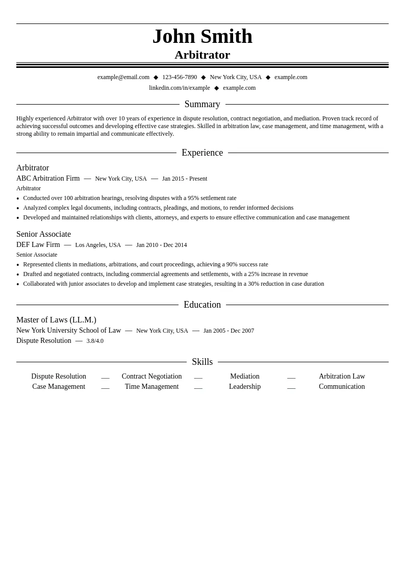 Arbitrator resume example