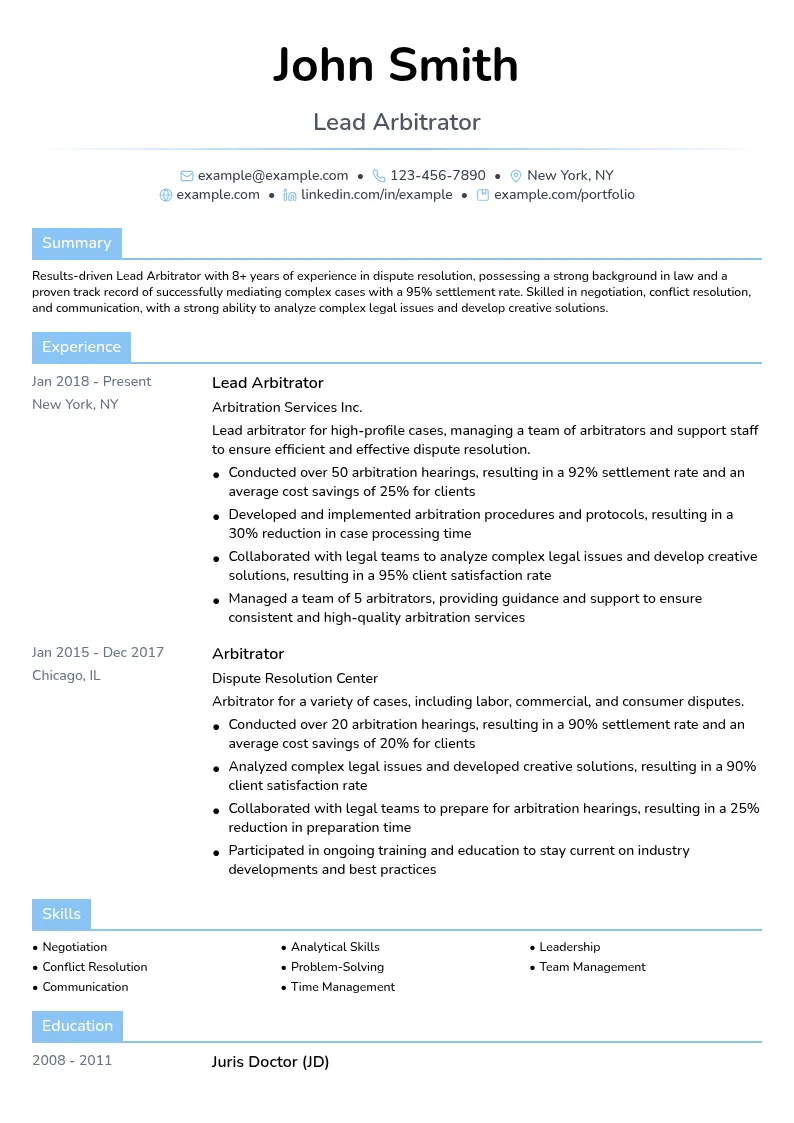 Lead Arbitrator resume example