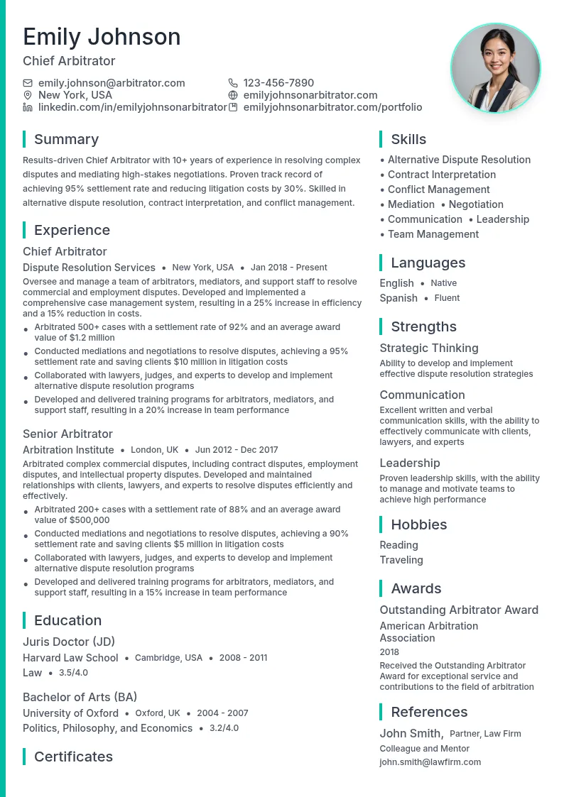 Chief Arbitrator resume example
