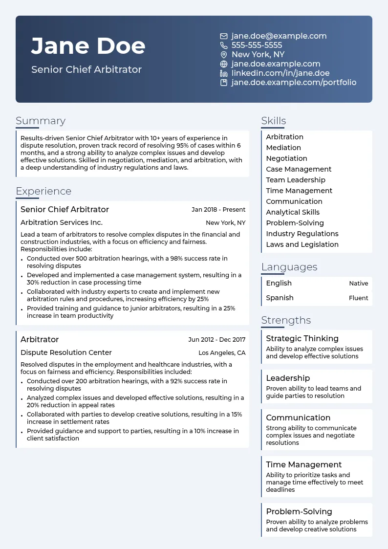 Senior Chief Arbitrator resume example