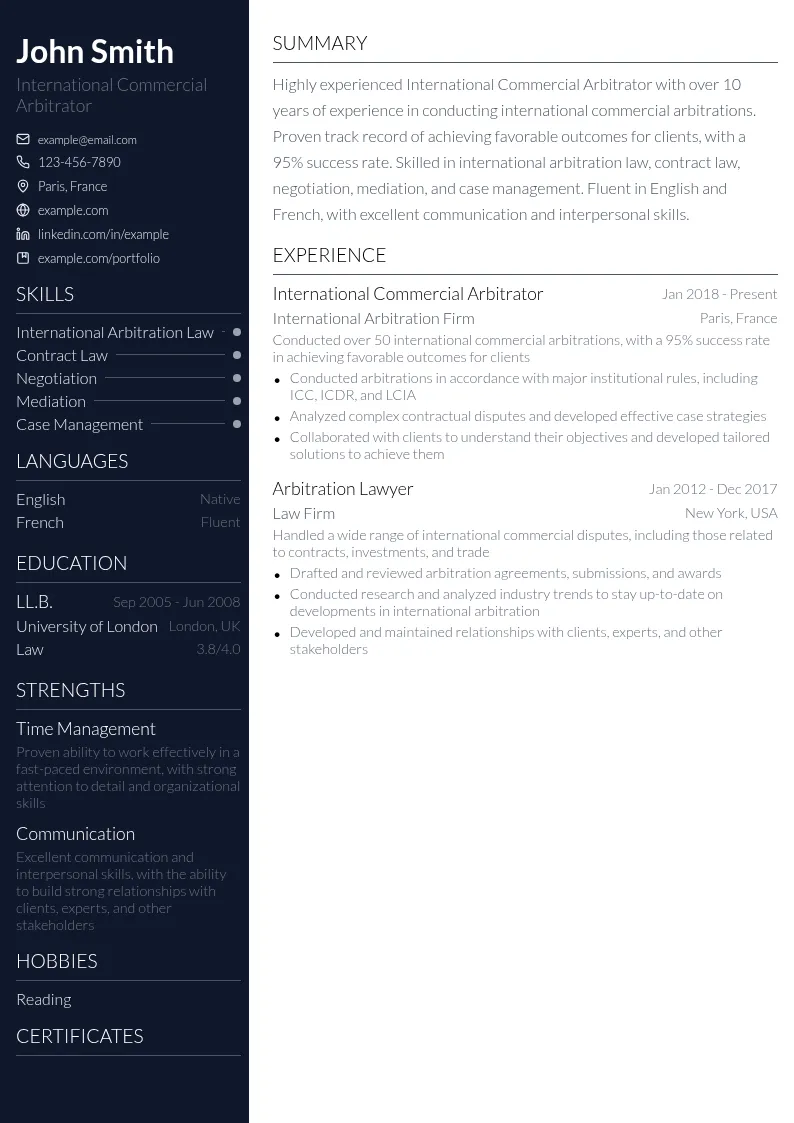 International Commercial Arbitrator resume example