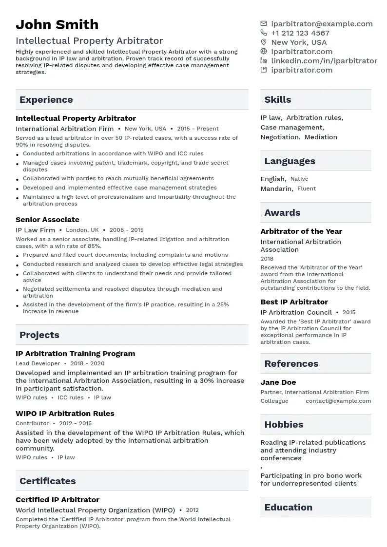 Intellectual Property Arbitrator resume example