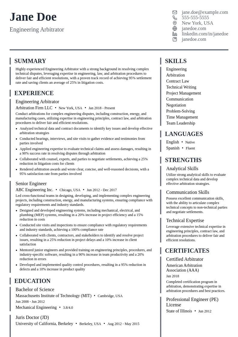 Engineering Arbitrator resume example