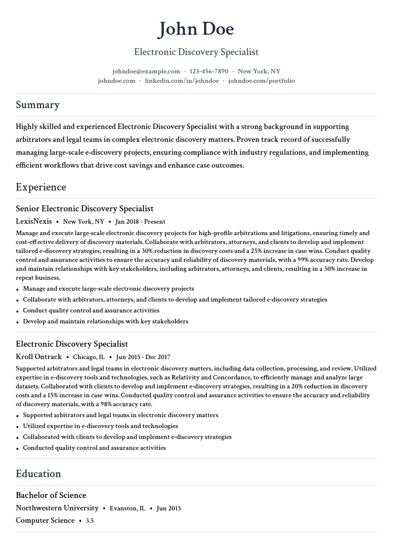 Electronic Discovery Specialist resume example