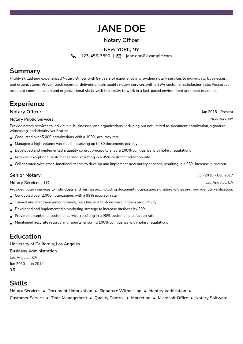 Notary Officer resume example