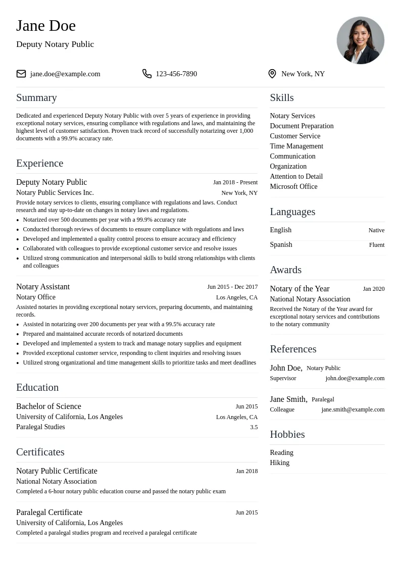 Deputy Notary Public resume example