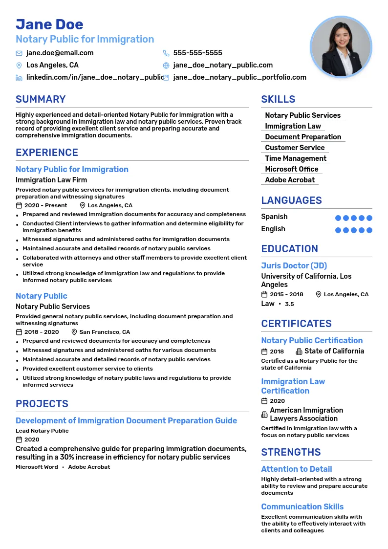 Notary Public for Immigration resume example
