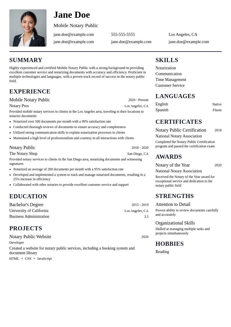 Mobile Notary Public resume example