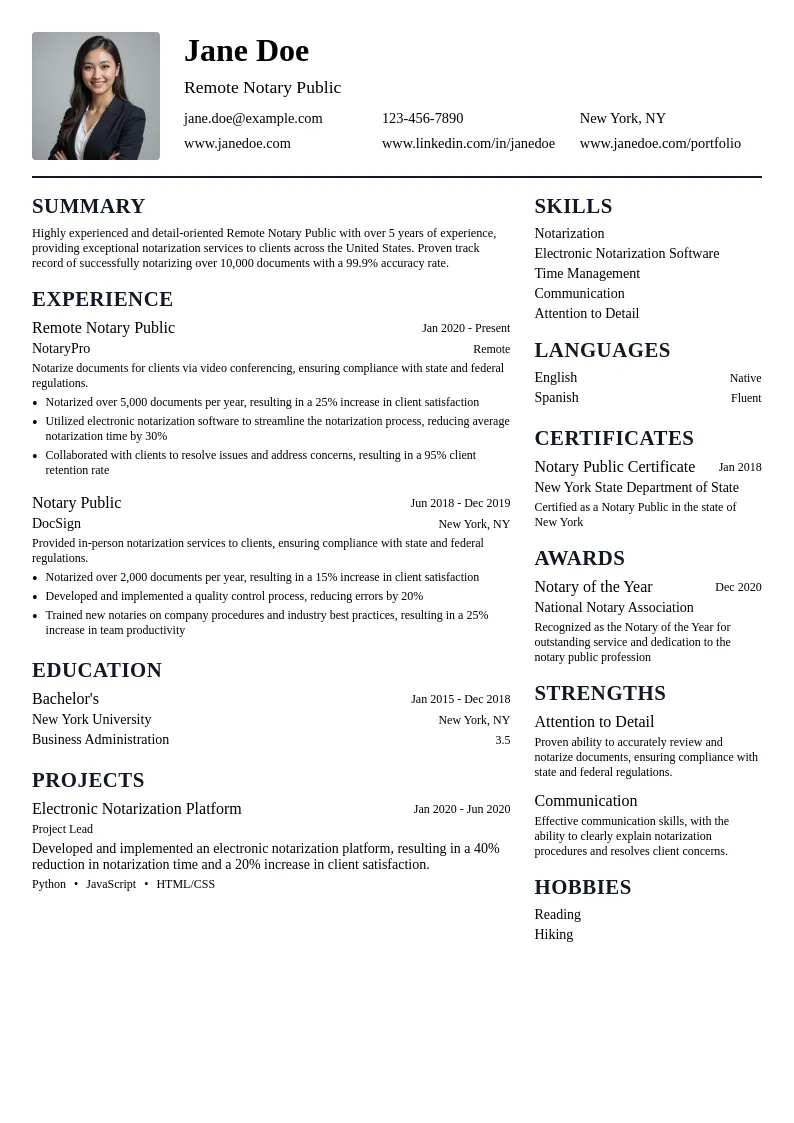 Remote Notary Public resume example