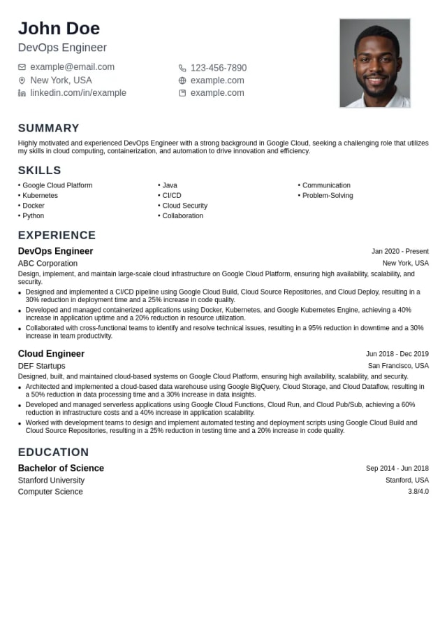 DevOps Engineer - Google Cloud resume example