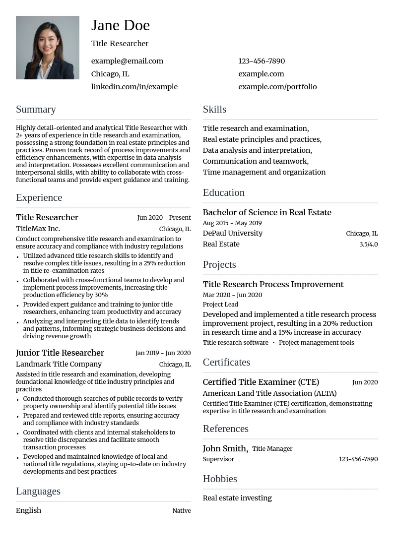 Title Researcher resume example