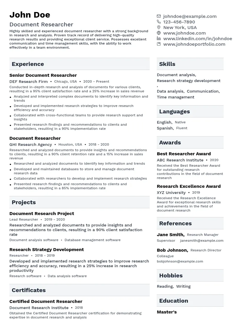 Document Researcher resume example