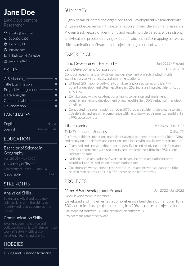 Land Development Researcher resume example