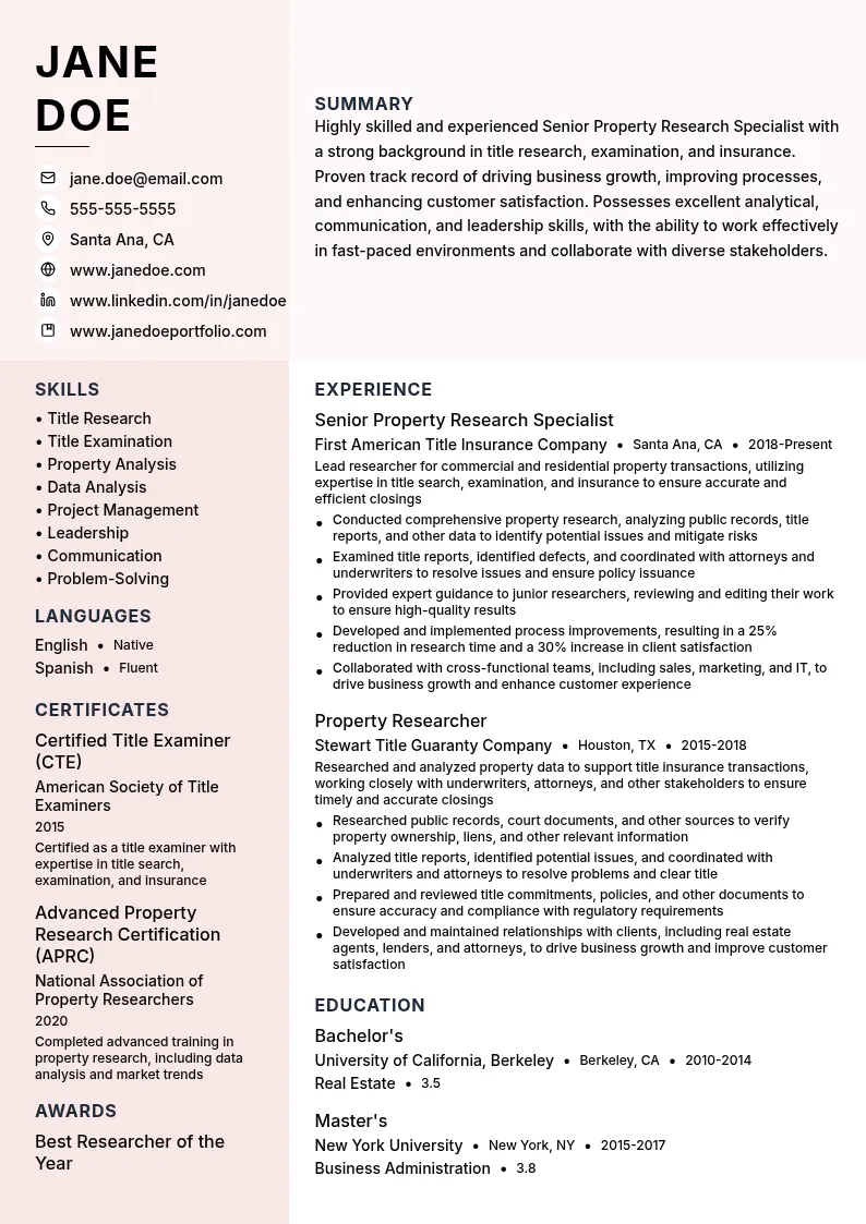 Senior Property Research Specialist resume example
