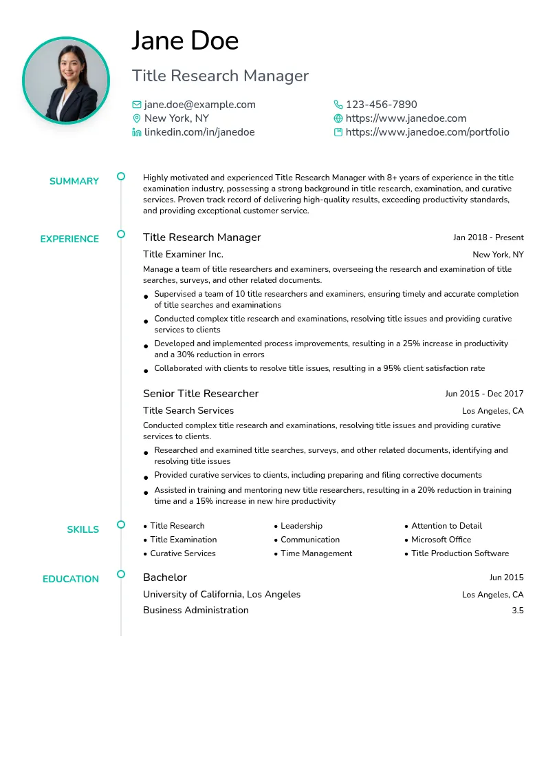 Title Research Manager resume example