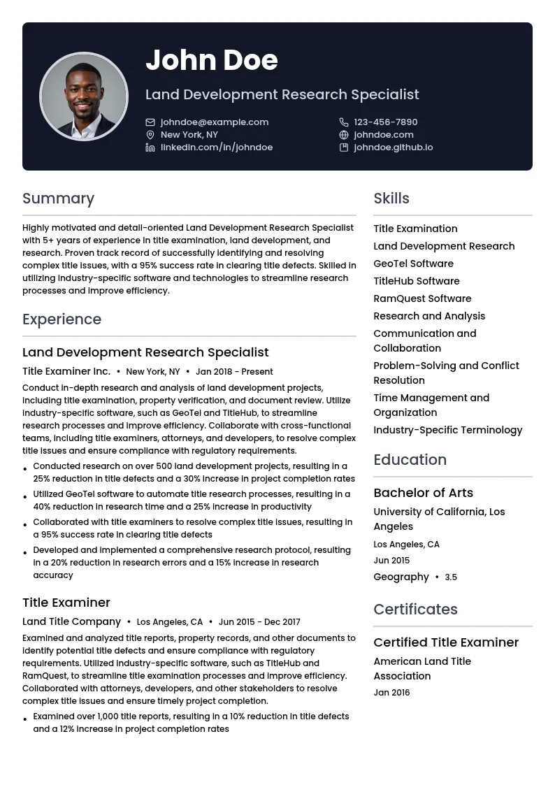 Land Development Research Specialist resume example