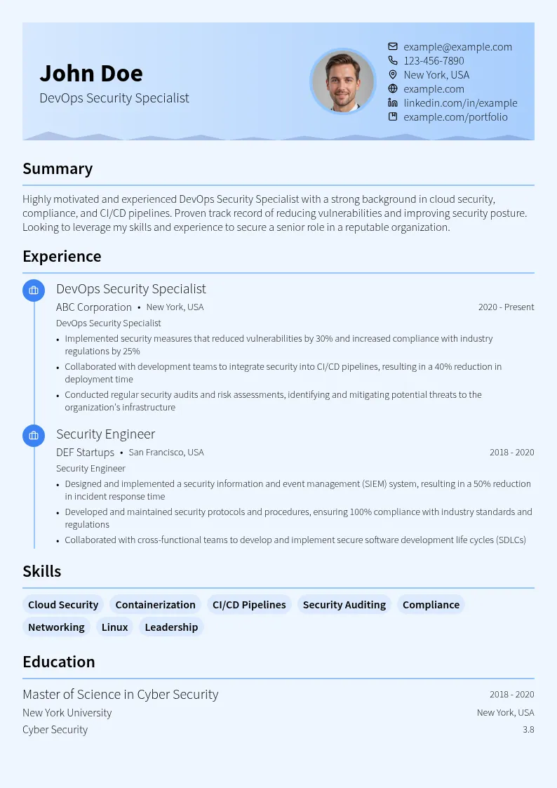 DevOps Security Specialist resume example