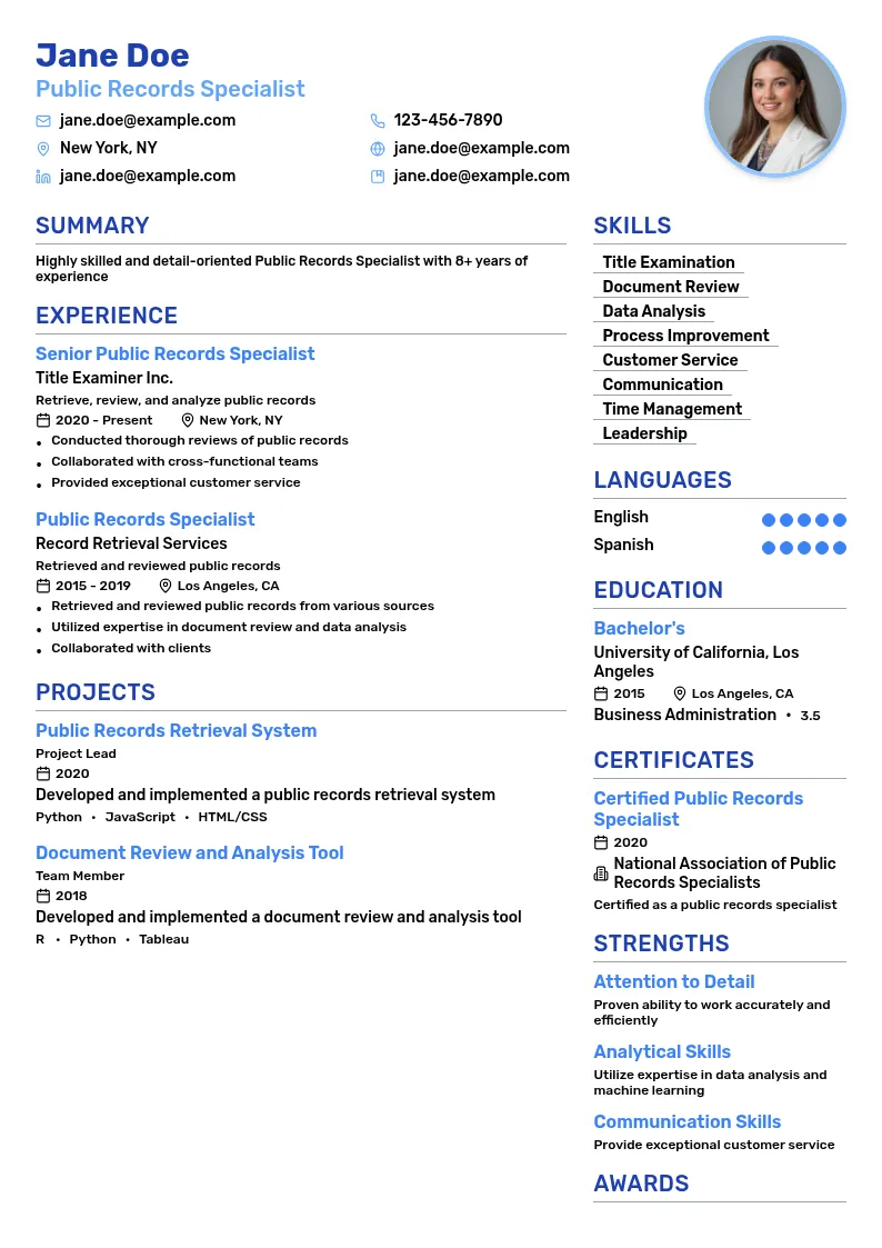 Public Records Specialist resume example