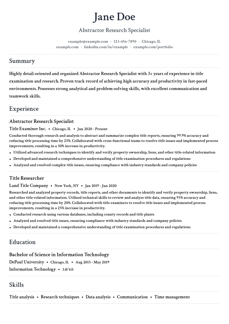 Abstractor Research Specialist resume example