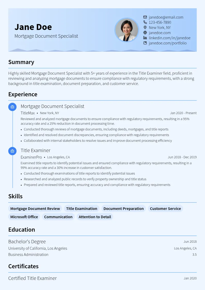 Mortgage Document Specialist resume example